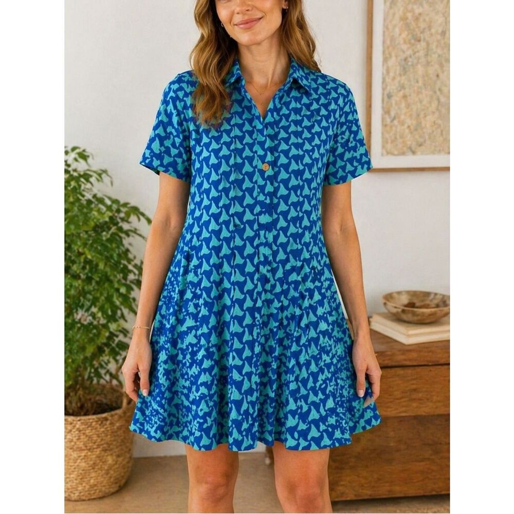 Uncle Frank Blue Aqua Printed Cotton Collared Pleated Mini Dress XS